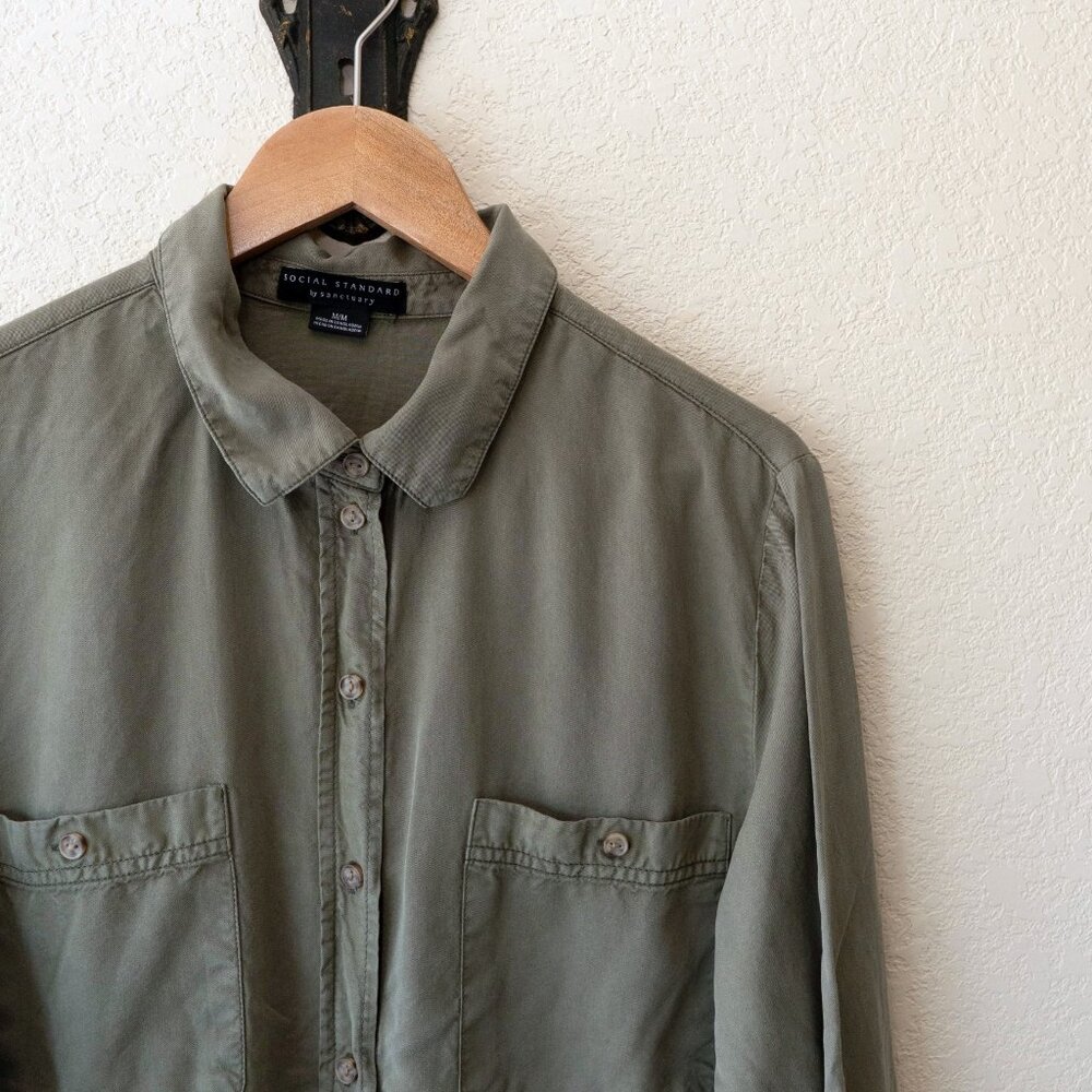 Social Standard Sanctuary M Olive 100% Tencel Roll Tab Button Shirt - Picture 3 of 12
